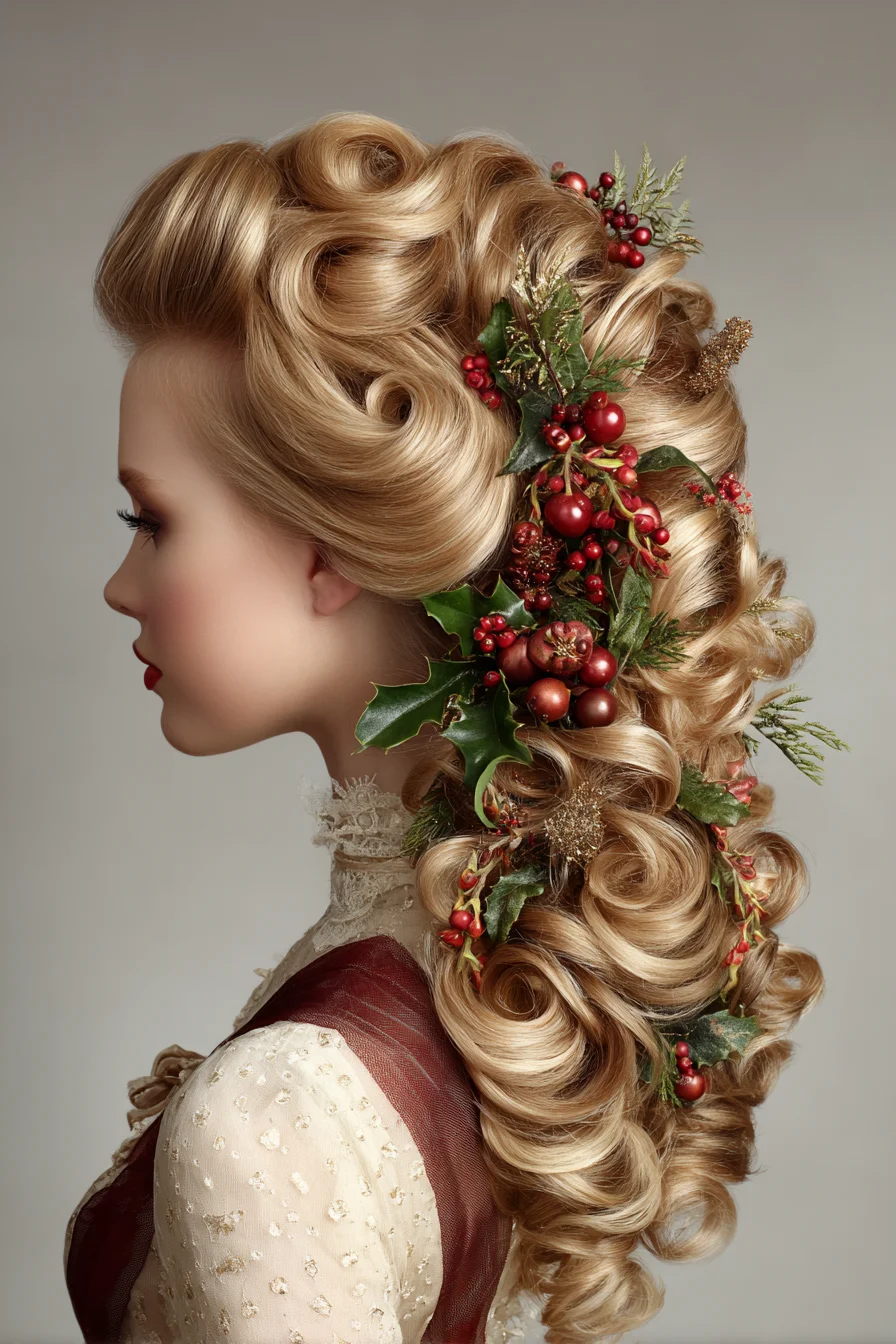 Vintage Sculpted Rolled Curls with Festive Foliage