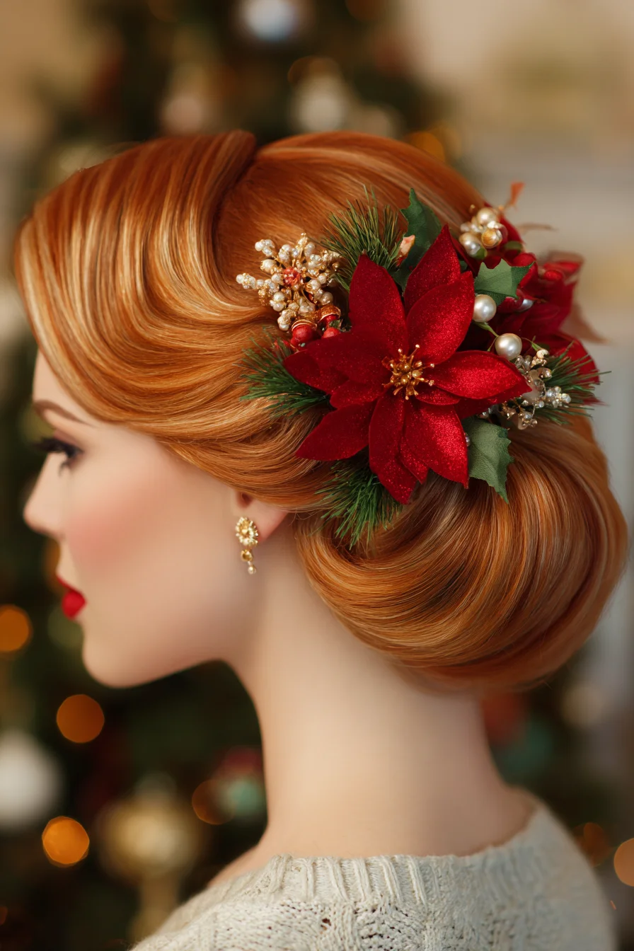 Vintage Side Low Chignon with Rolled Waves and Festive Floral Accent