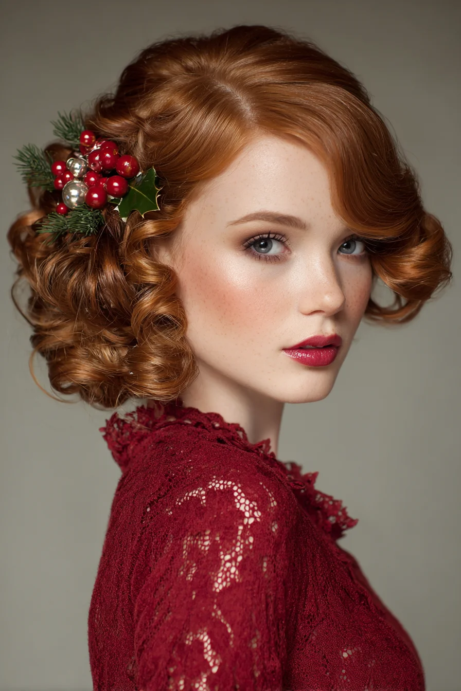 Vintage Side-Swept Pin Curls with Festive Low Chignon