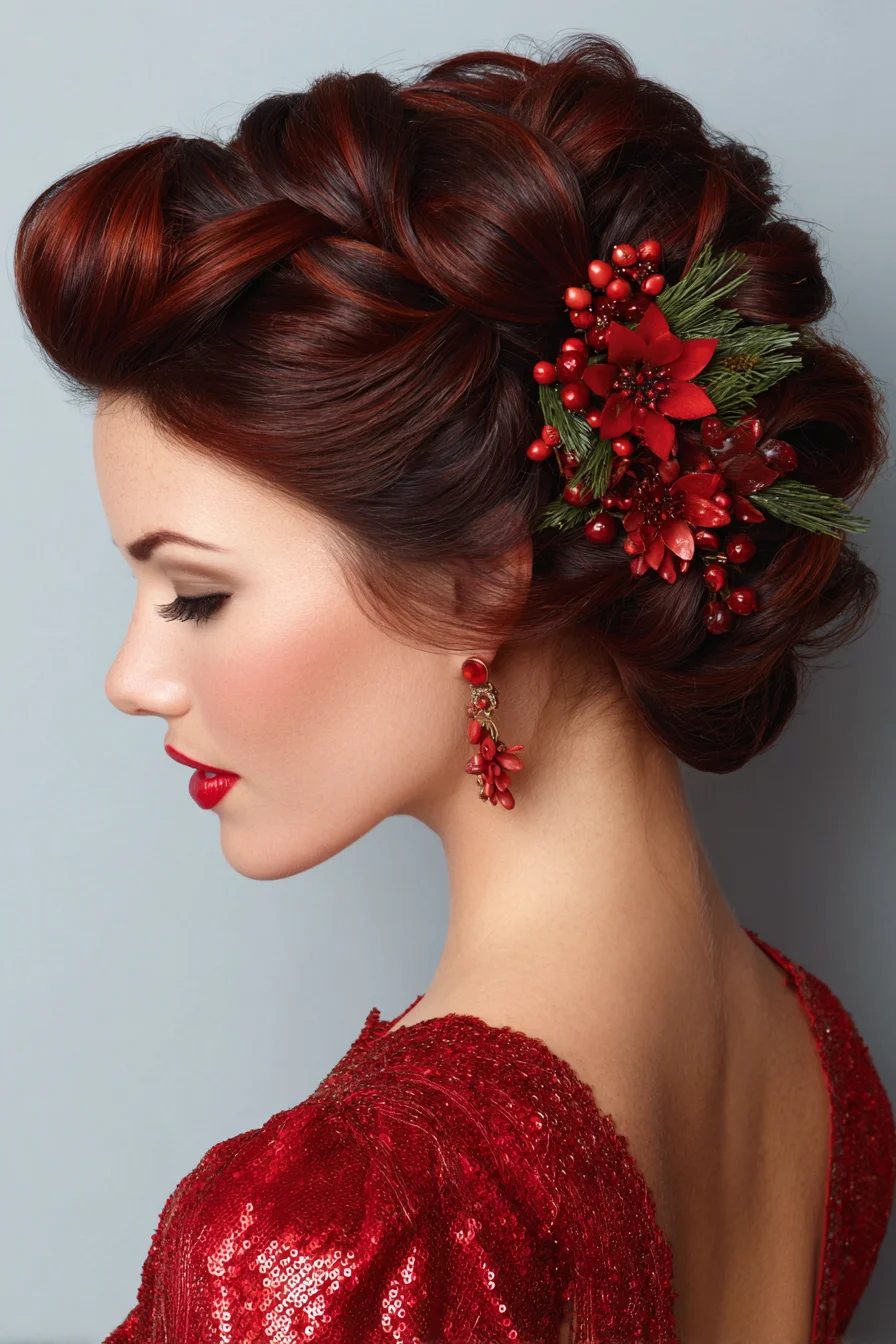Vintage Twisted Chignon Updo with Festive Floral Accent