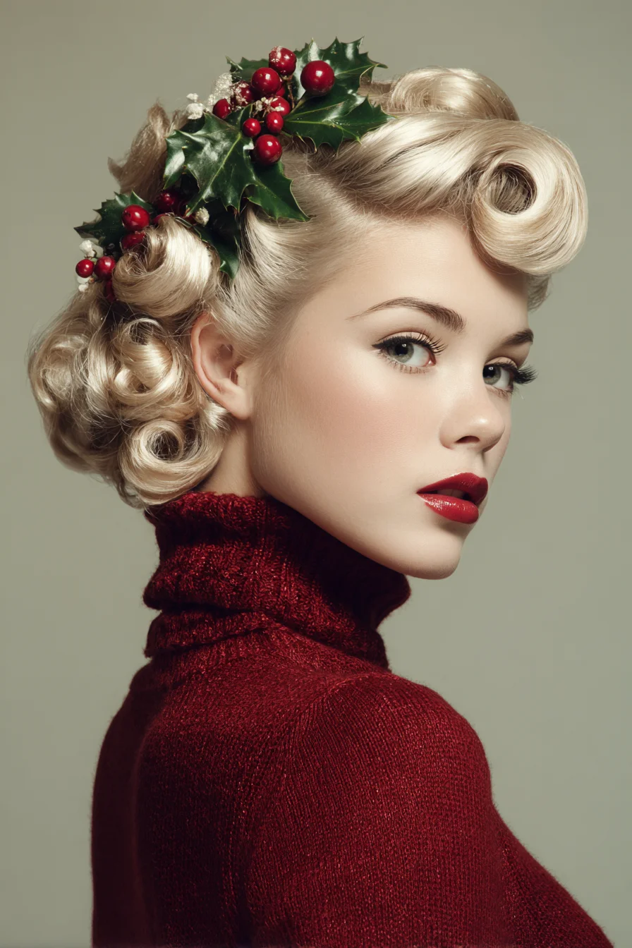 Vintage Victory Rolls with Glossy Pin Curls - Holiday Pin-Up Hairstyle