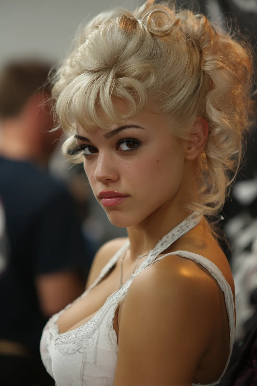 Vintage Voluminous Curled Updo with Rolled Fringe