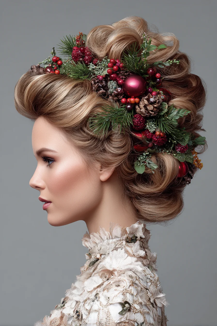 Vintage Voluminous Updo with Festive Pine & Berry Floral Accents