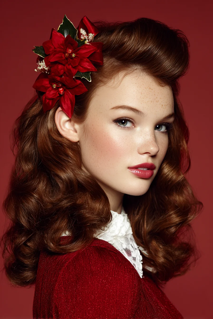 Vintage Voluminous Waves with Rolled Fringe and Festive Hairpiece