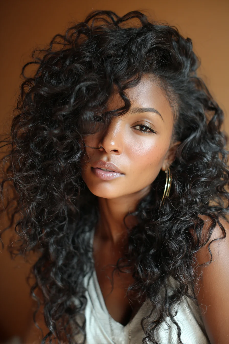 Voluminous Defined Curls with Deep Side Part