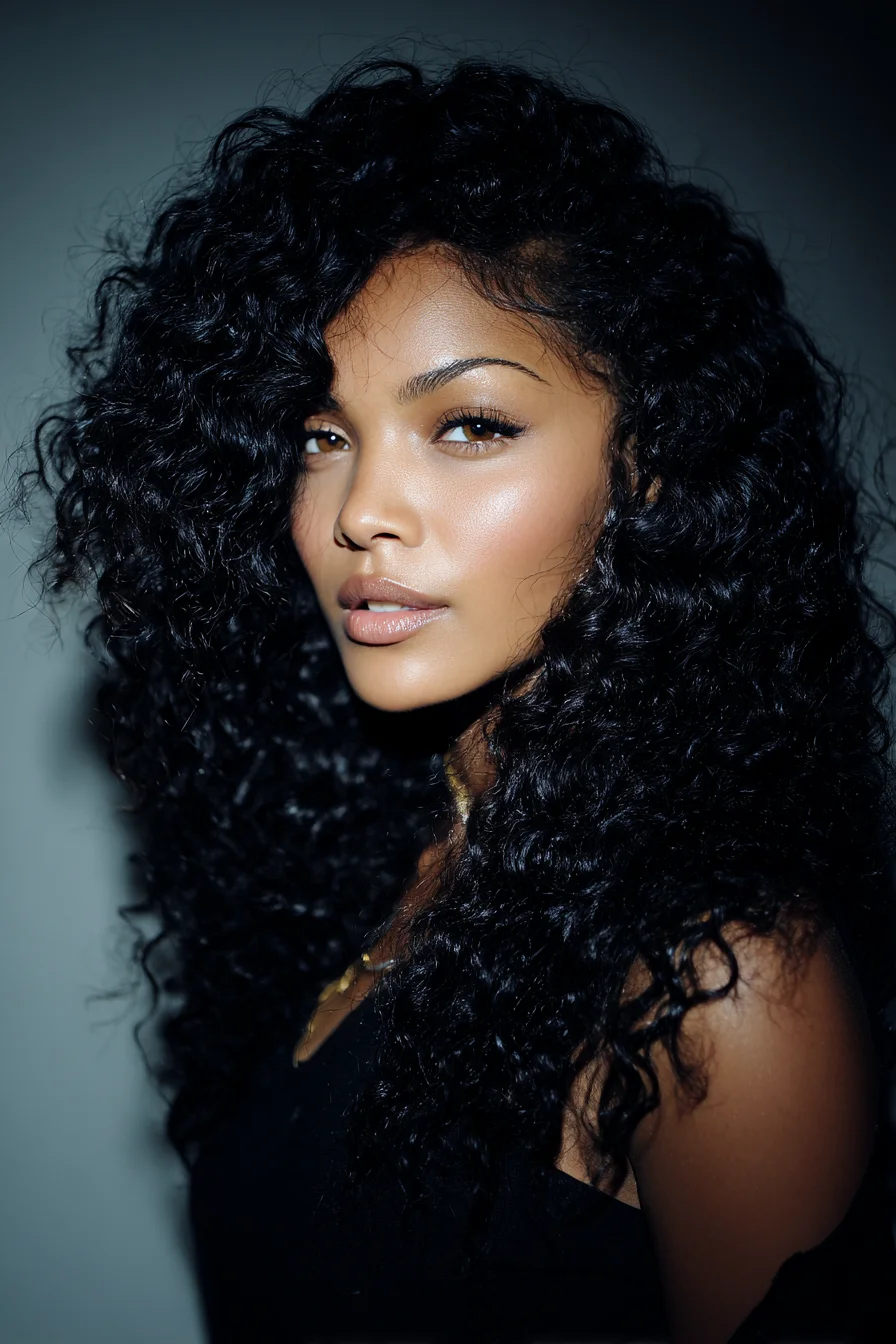 Voluminous Defined Curly Hair with Deep Side Part (3B–4A Curl Types)