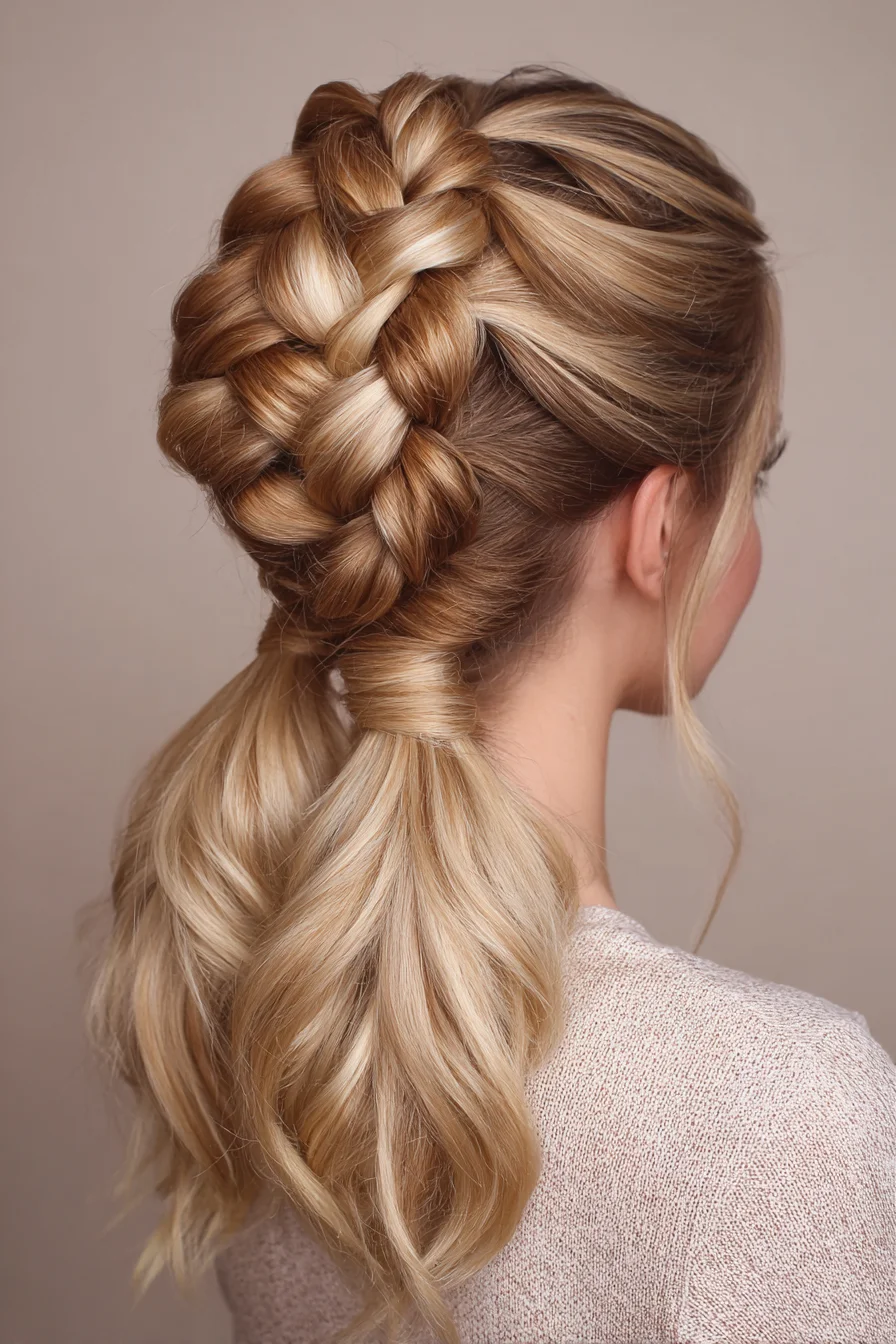 Voluminous Dutch/French Braid Crown with Two Low Wrapped Ponytails