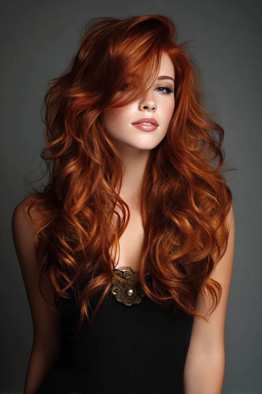 Voluminous Layered Waves with Side-Swept Fringe for Red Hair