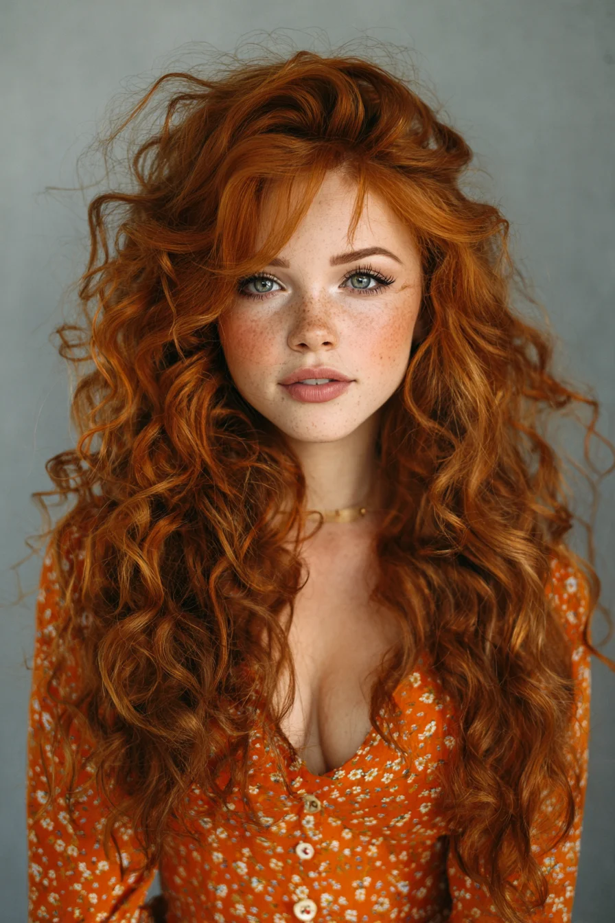 Voluminous Long Red Curly Hair with Face-Framing Layers