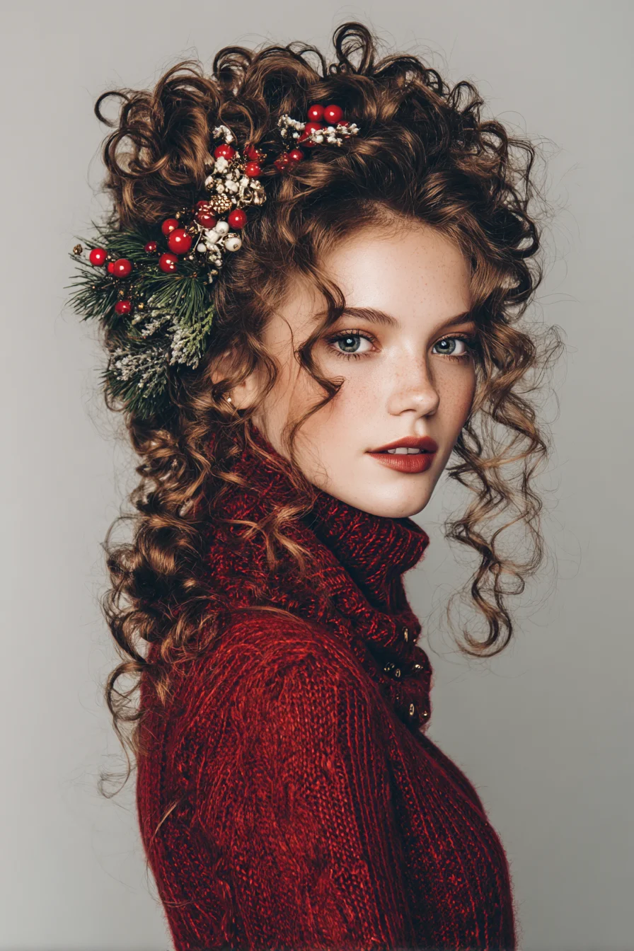 Voluminous Romantic Curly Half-Up Updo with Festive Floral Accent
