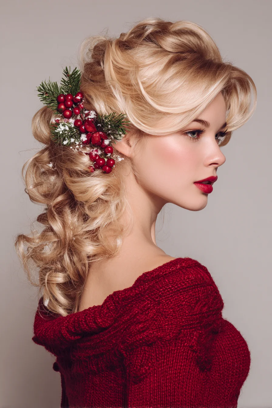 Voluminous Romantic Half-Up Curls with Festive Berry Accent