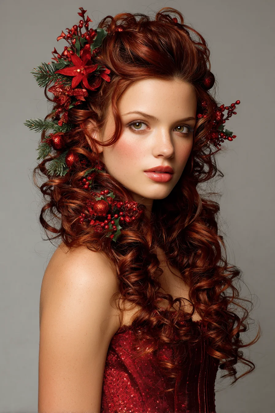 Voluminous Romantic Ringlets with Festive Floral Accents