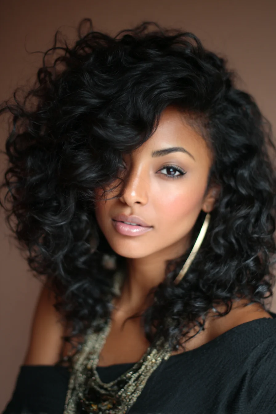 Voluminous Side-Parted Natural Curly Bob with Layered Bounce