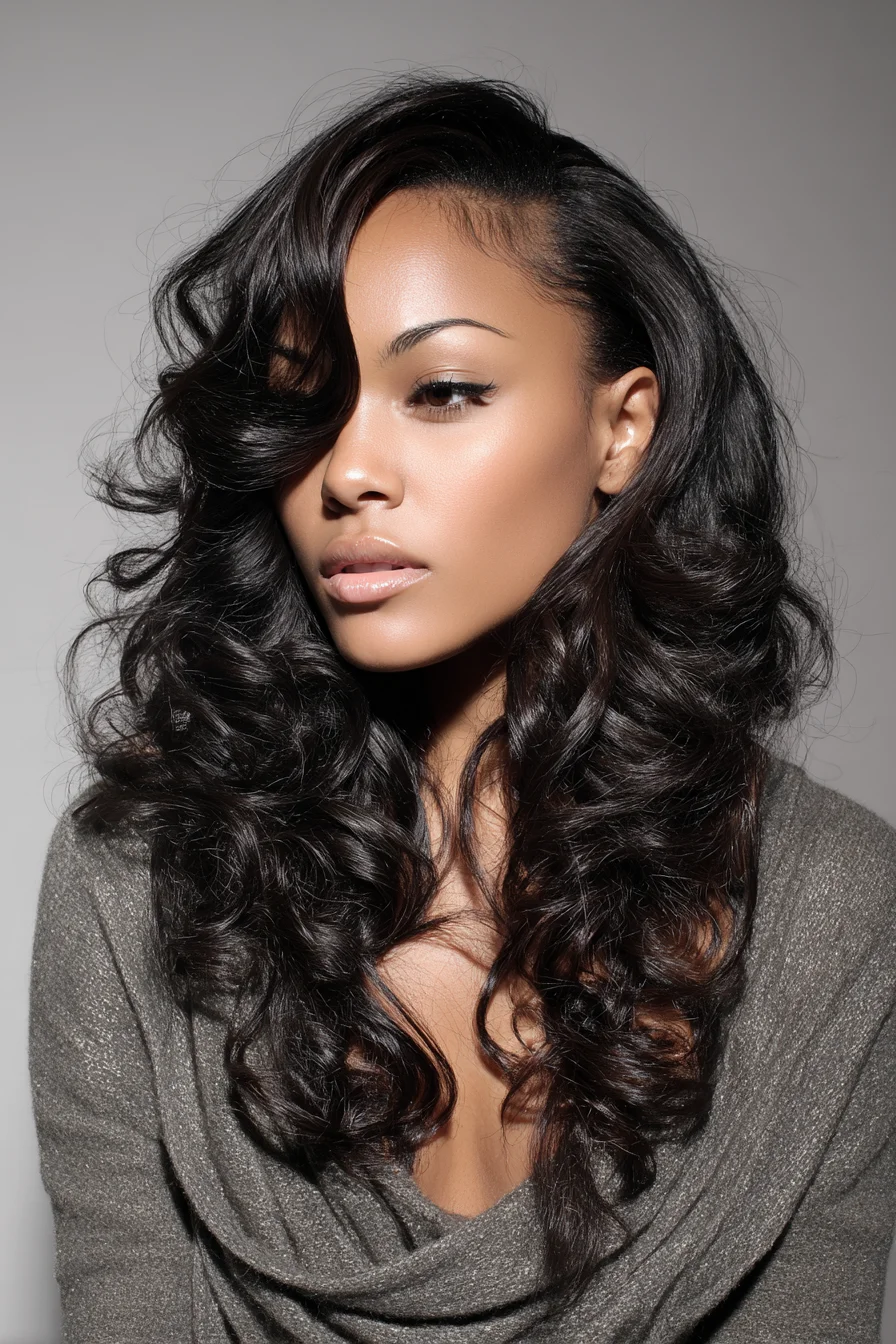 Voluminous Side-Swept Glam Waves — Long Layered Curls with Glossy Finish