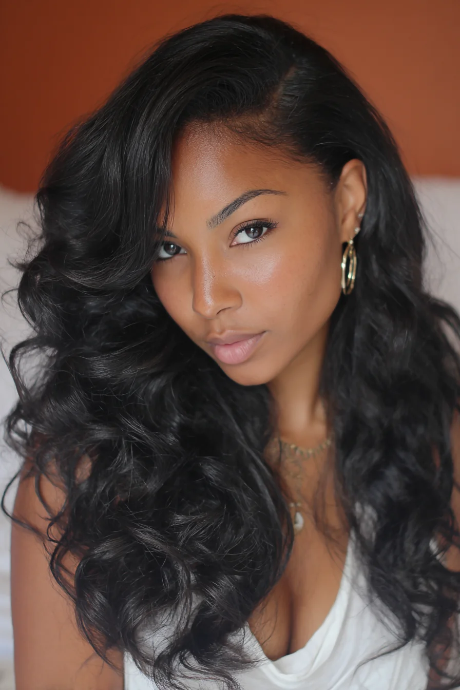 Voluminous Side-Swept Loose Waves for Long Thick Hair