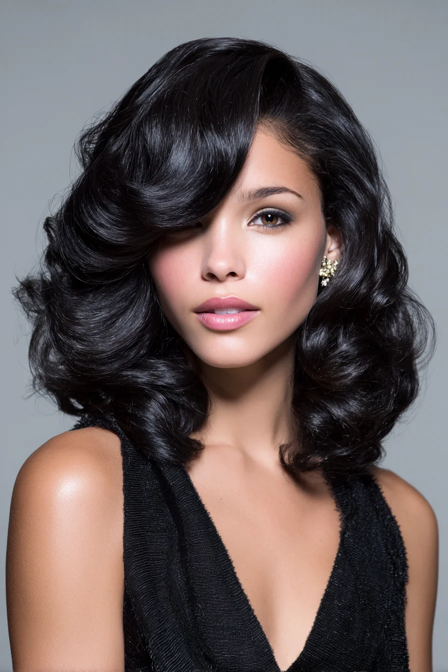 Voluminous Side‑Swept Retro Blowout — Soft Waves for Medium to Thick Hair