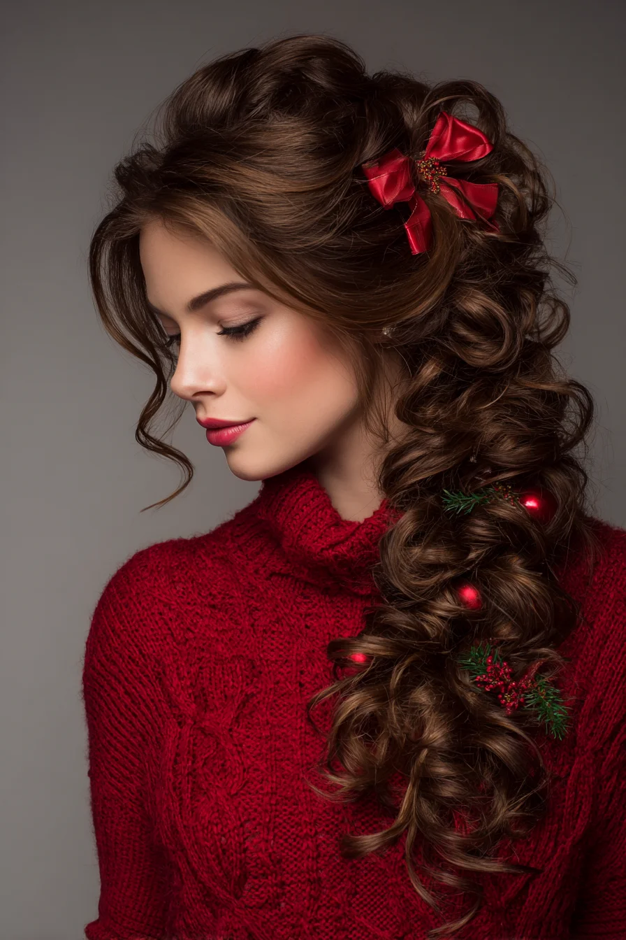 Voluminous Side-Swept Romantic Curls with Ribbon-Accented Loose Braid