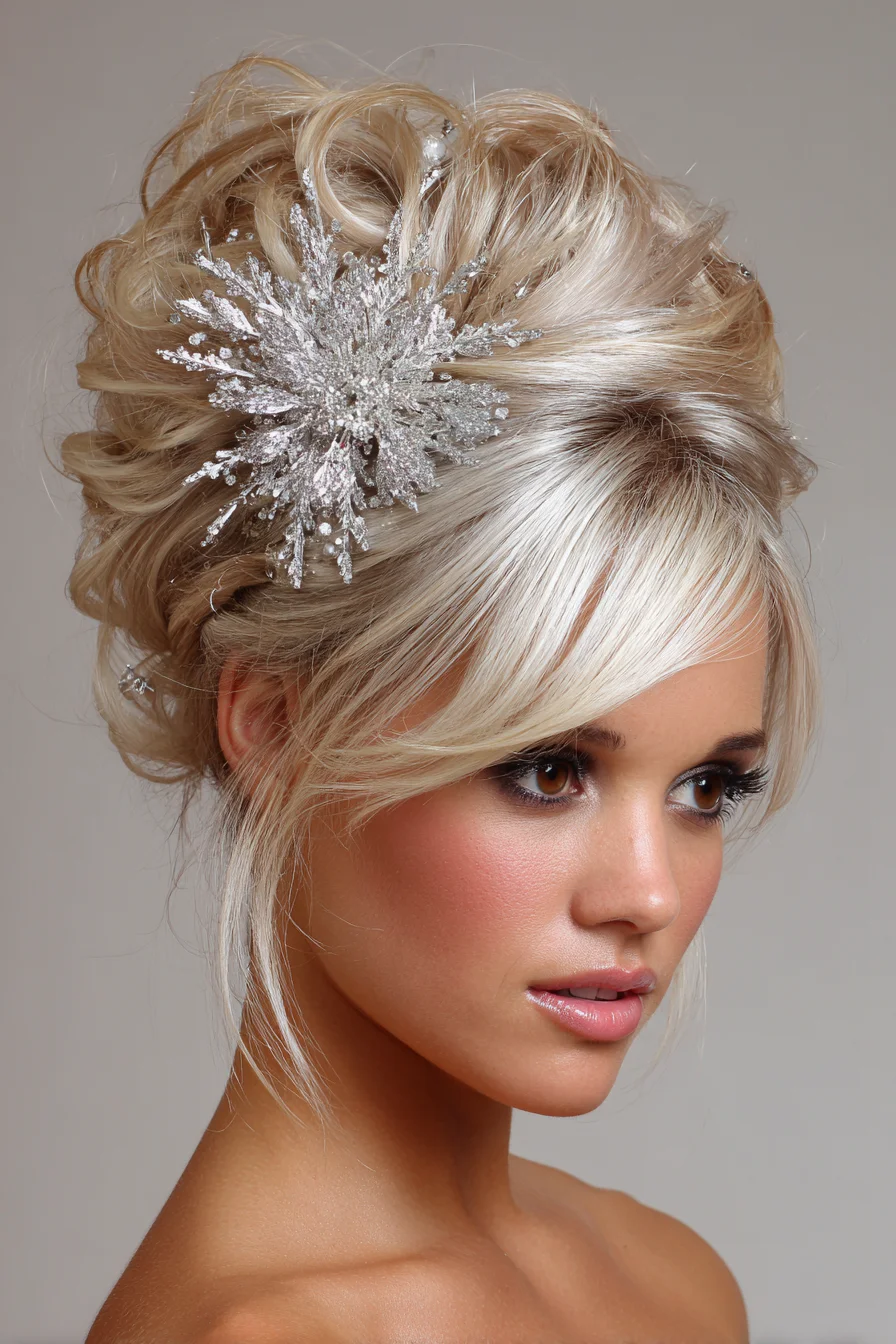 Voluminous Textured Bridal Updo with Side-Swept Bangs and Sparkle Hairpiece