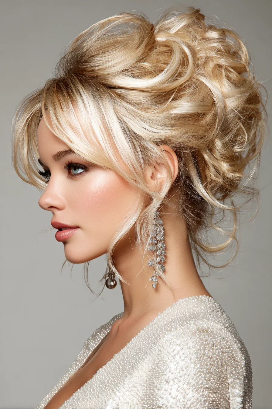 Voluminous Textured Bridal Updo with Wispy Face‑Framing Layers