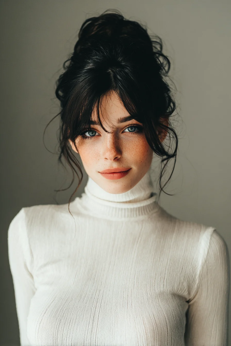 Voluminous Textured Messy Updo with Curtain Bangs