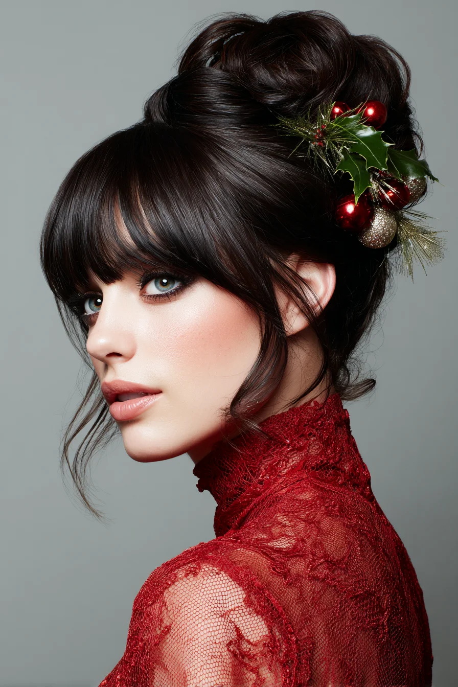 Voluminous Twisted Updo with Full Fringe — Elegant Updo for Medium to Thick Hair