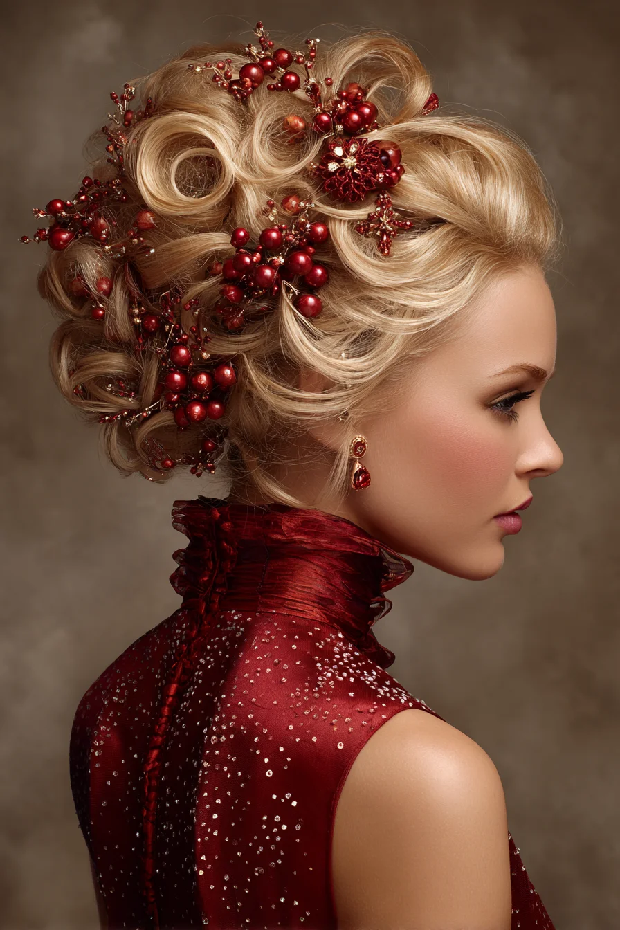 Voluminous Vintage Bridal Updo with Red Berry Accents