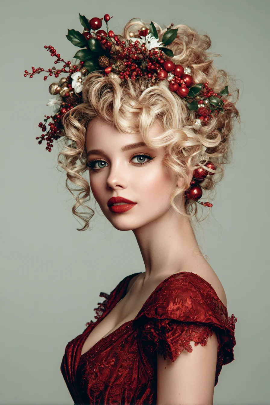 Voluminous Vintage Curly Updo with Berry Floral Crown