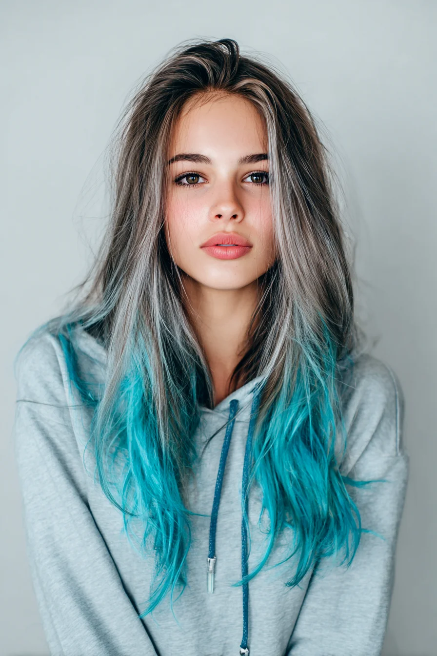 Ash-Grey to Turquoise Ombre Messy Beachy Long Layers