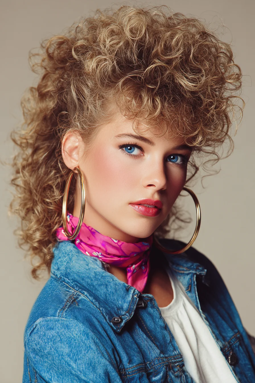 Big Curly Mullet with Voluminous Fringe, Retro Vibe