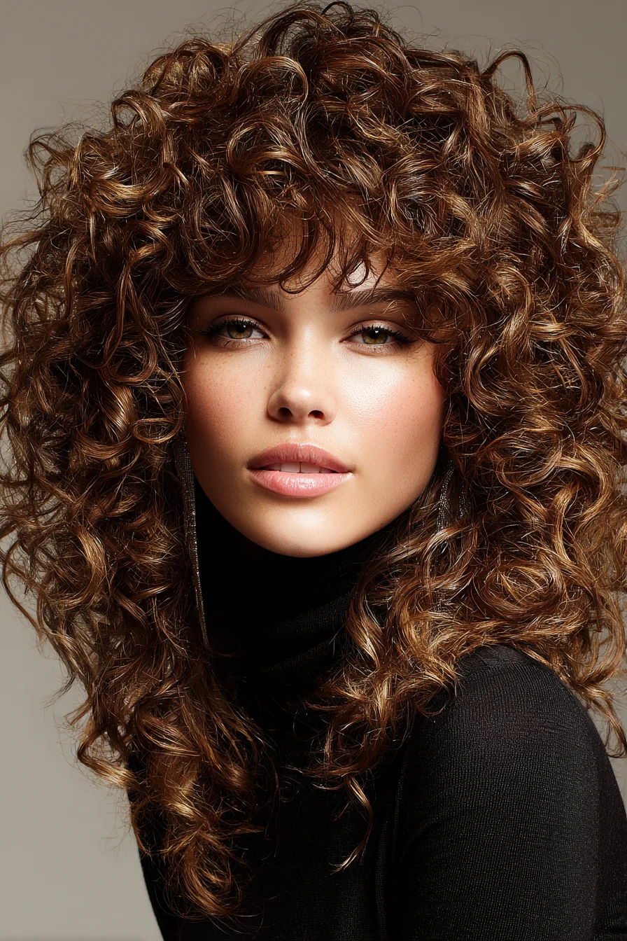 Big Voluminous Curly Shag with Soft Curtain Bangs