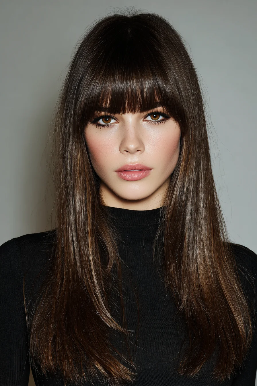 Blunt Fringe and Sleek Long Hair for Effortless Chic