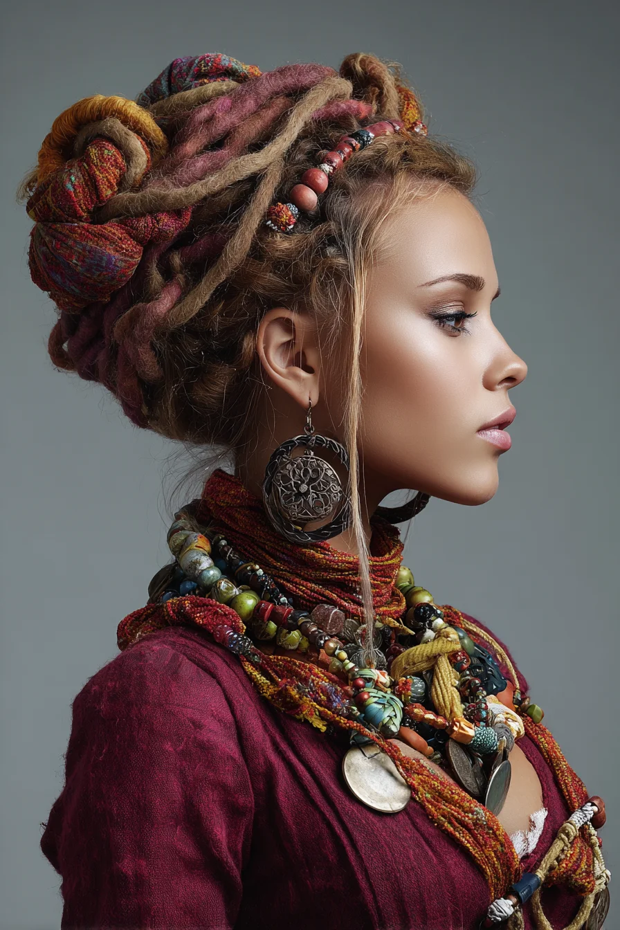 Bohemian Dreadlock Updo with Beads and Wraps for Curly Hair