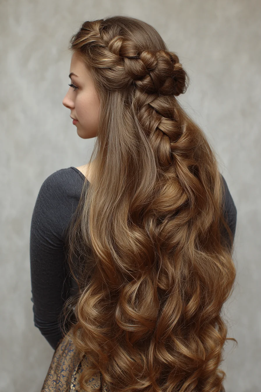 Boho Braided Crown into Loose Mermaid Waves for Long Hair