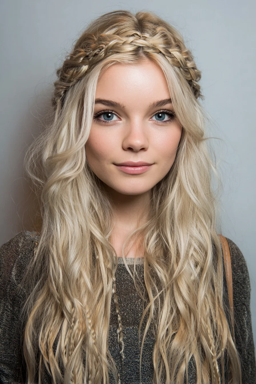 Boho Braided Crown with Beachy Loose Waves for Everyday