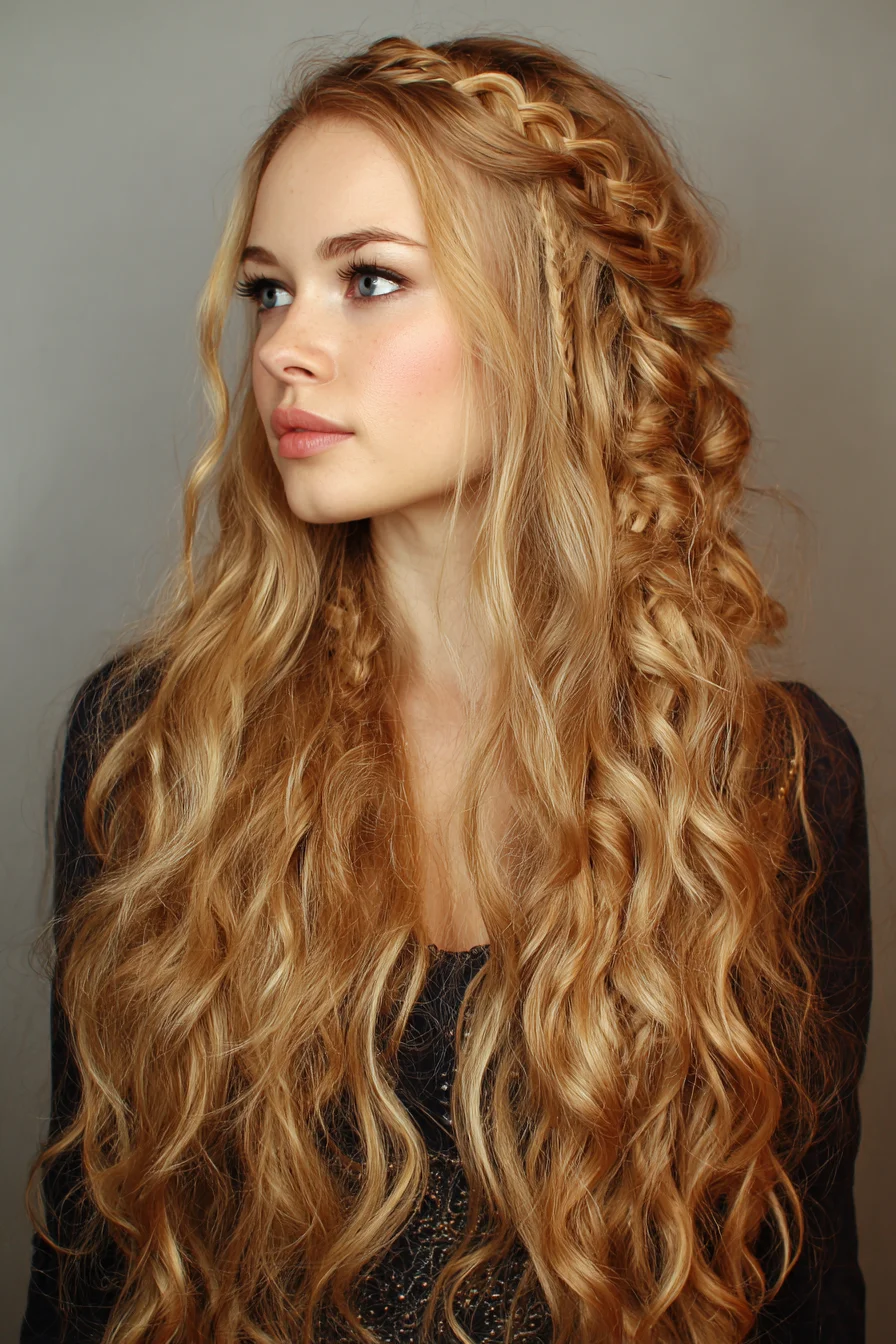 Boho Braided Crown with Loose, Beachy Waves and Braids
