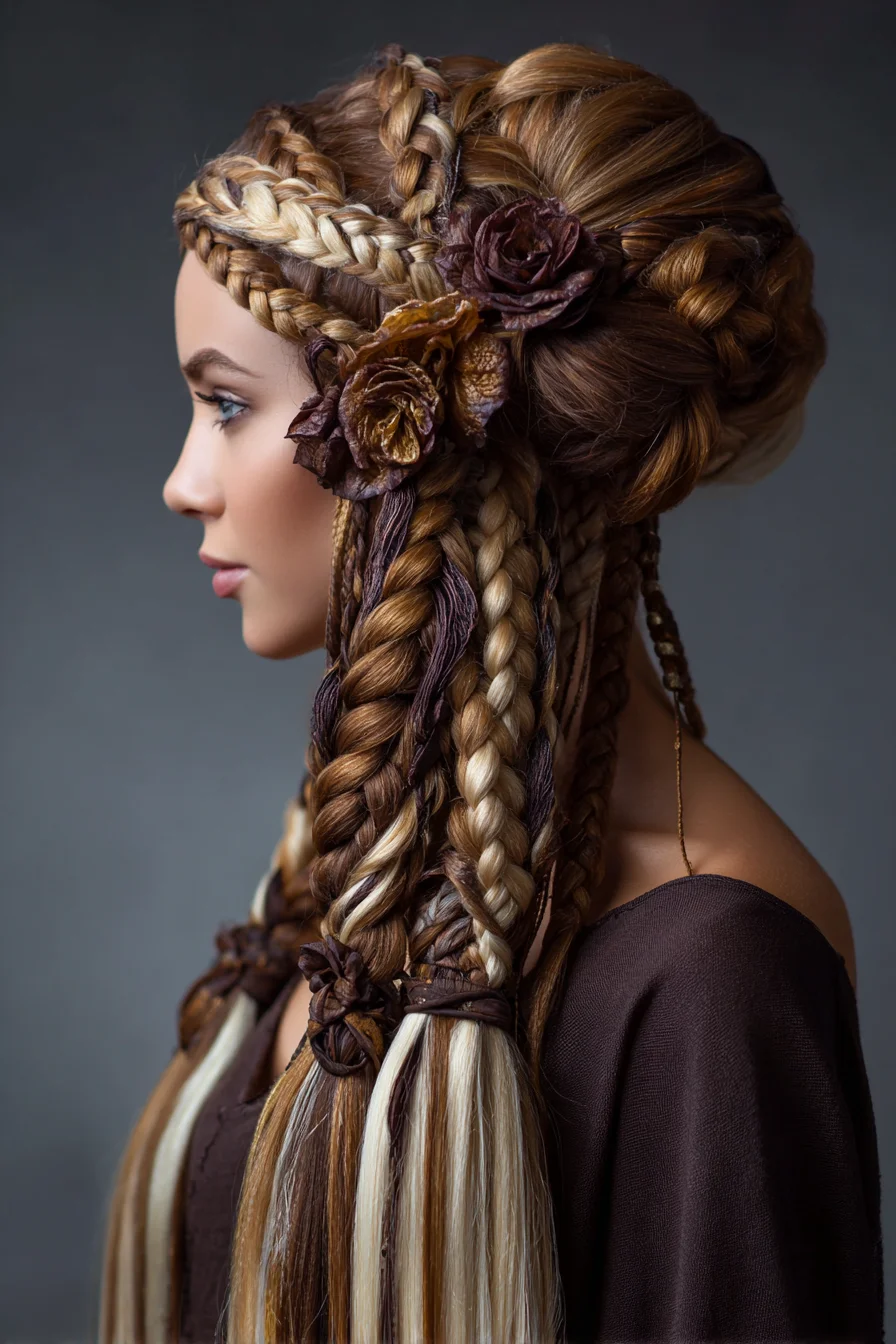 Boho Braided Updo with Hanging Braids and Flowers