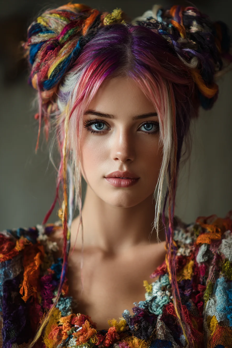 Boho Colorful Wrapped Space Buns with Loose Face-Framing Strands