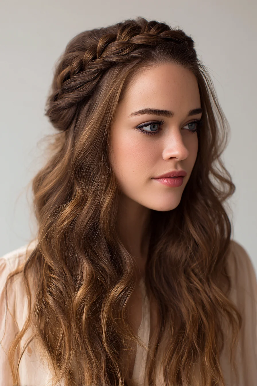 Boho Crown Braid with Loose Beachy Waves for Everyday