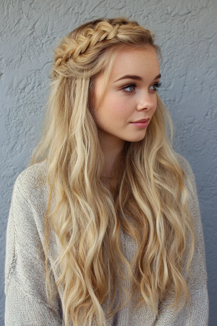 Boho Crown Braid with Loose Beachy Waves for Long Hair