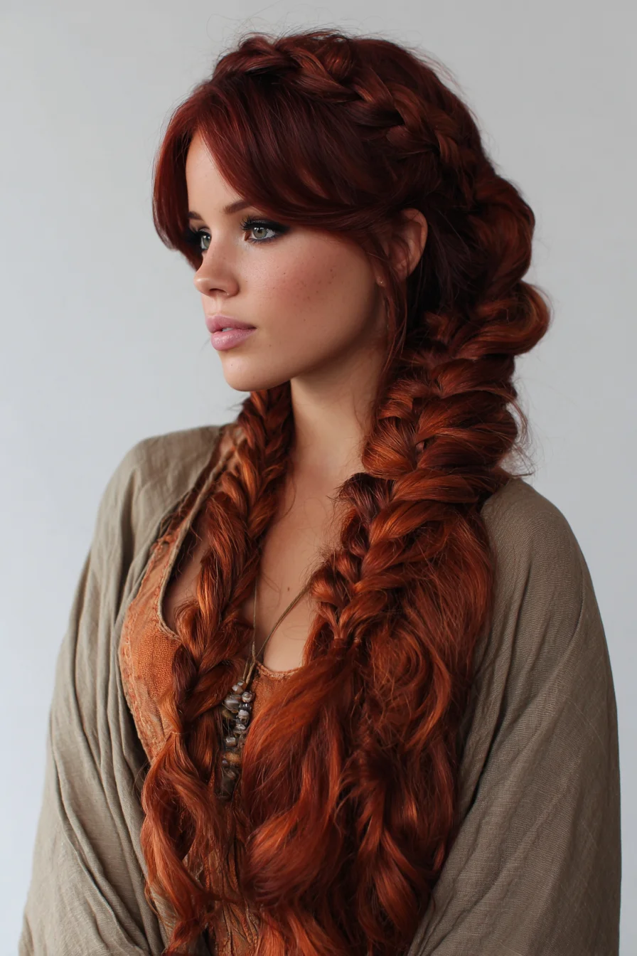 Boho Double Fishtail Braids with Soft Face-Framing Bangs