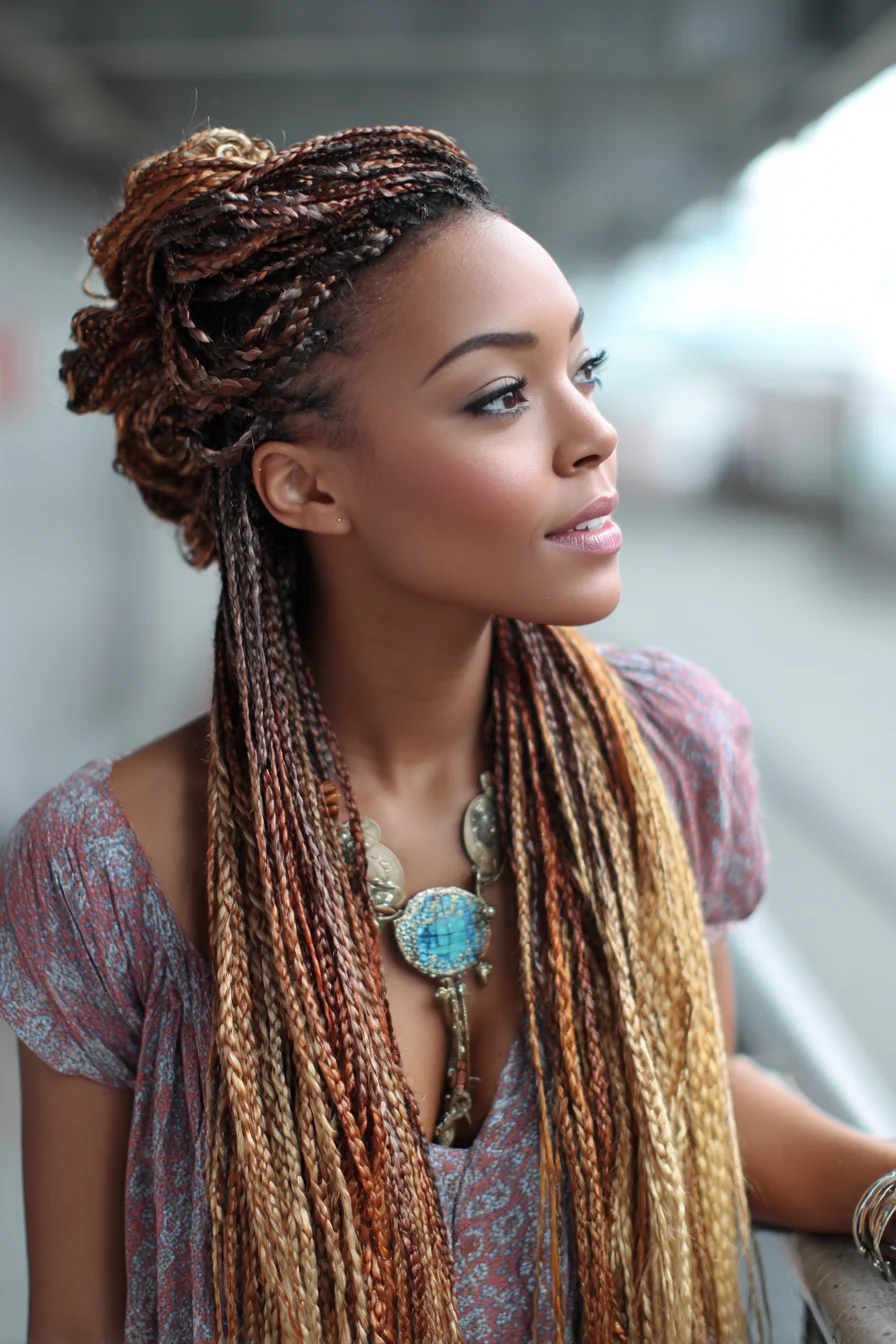 Boho Half-Up Micro Braids with Messy Top Bun Style
