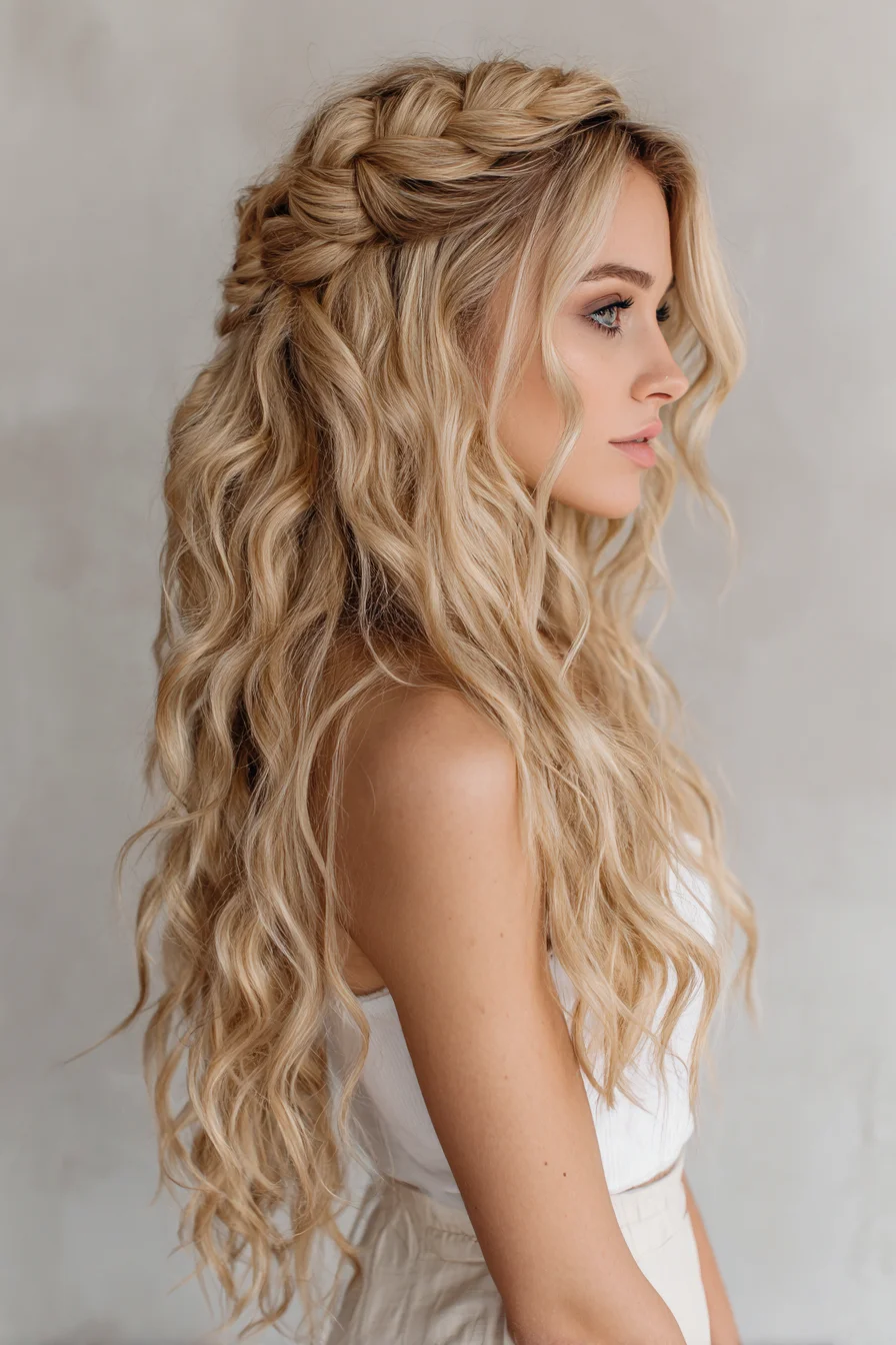 Boho Half-Up with Chunky Braid and Beachy Waves