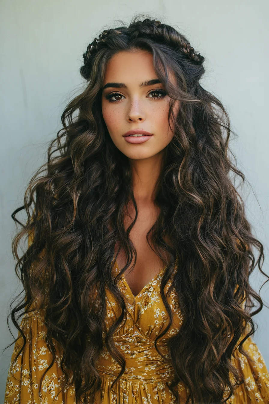 Boho Half-Up with Tiny Crown Braids for Long Hair