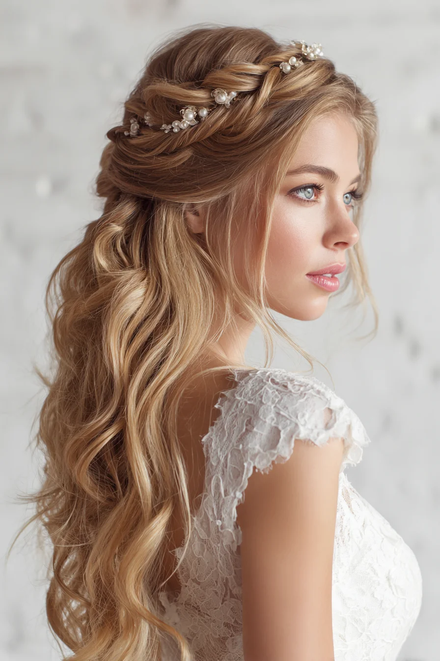 Boho Pearl Crown Half-Up with Loose Wedding Waves