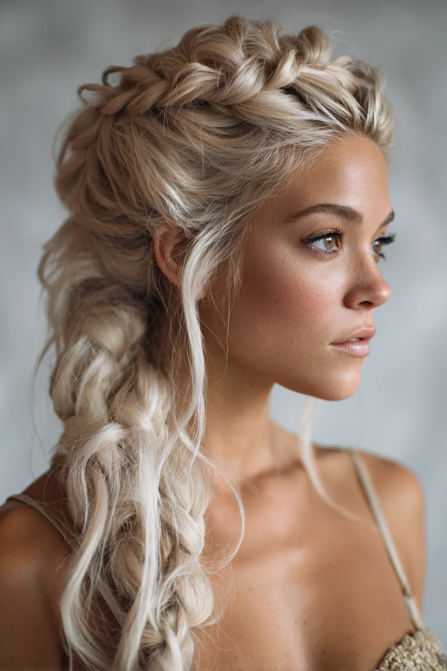 Boho Side Braid with Messy Crown and Extra Volume