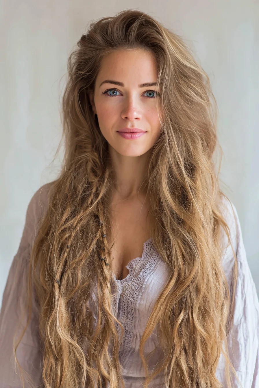 Boho Tousled Waves with Tiny Braids for Long Hair