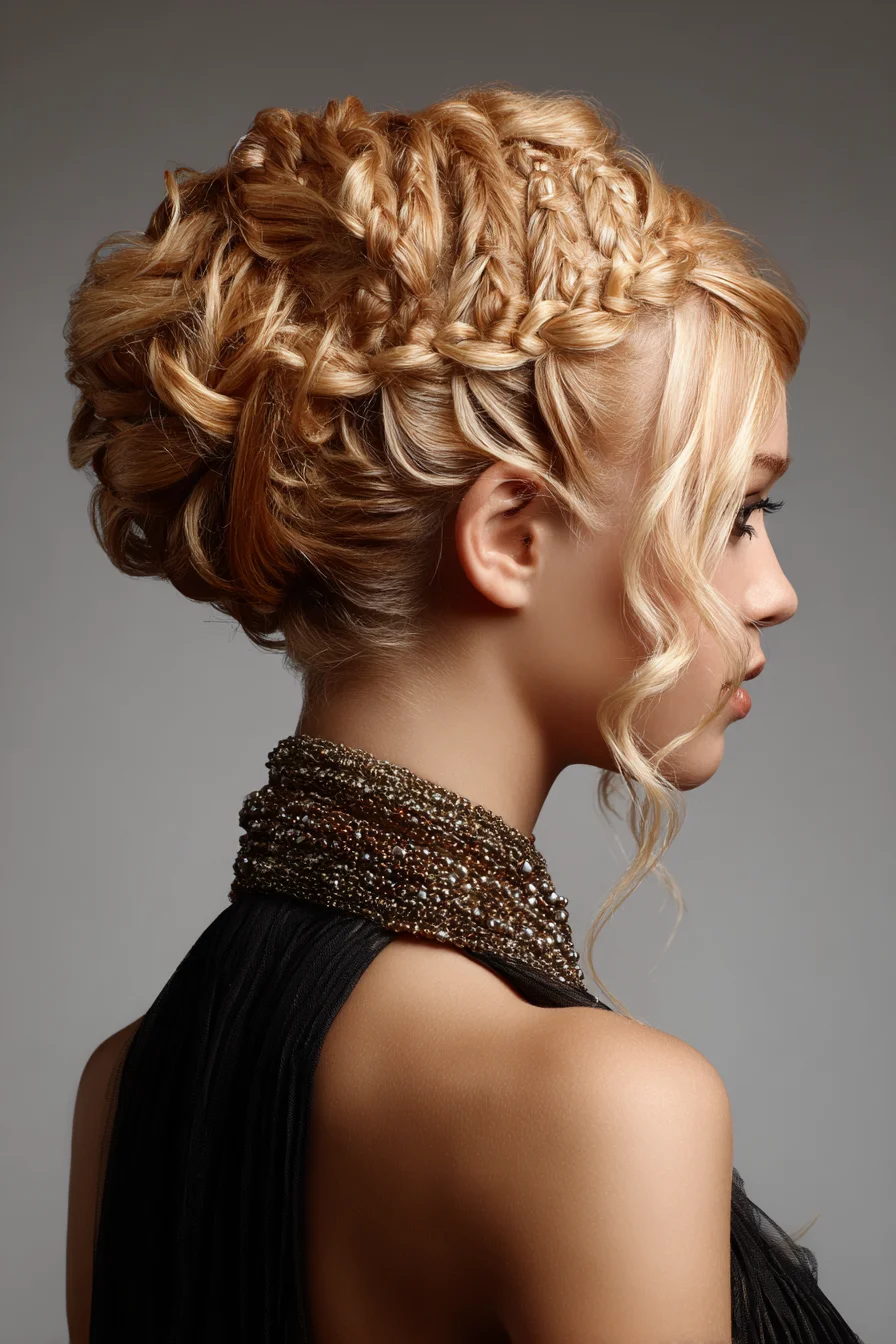 Braided Crown Updo with Twisted Volume and Tendrils