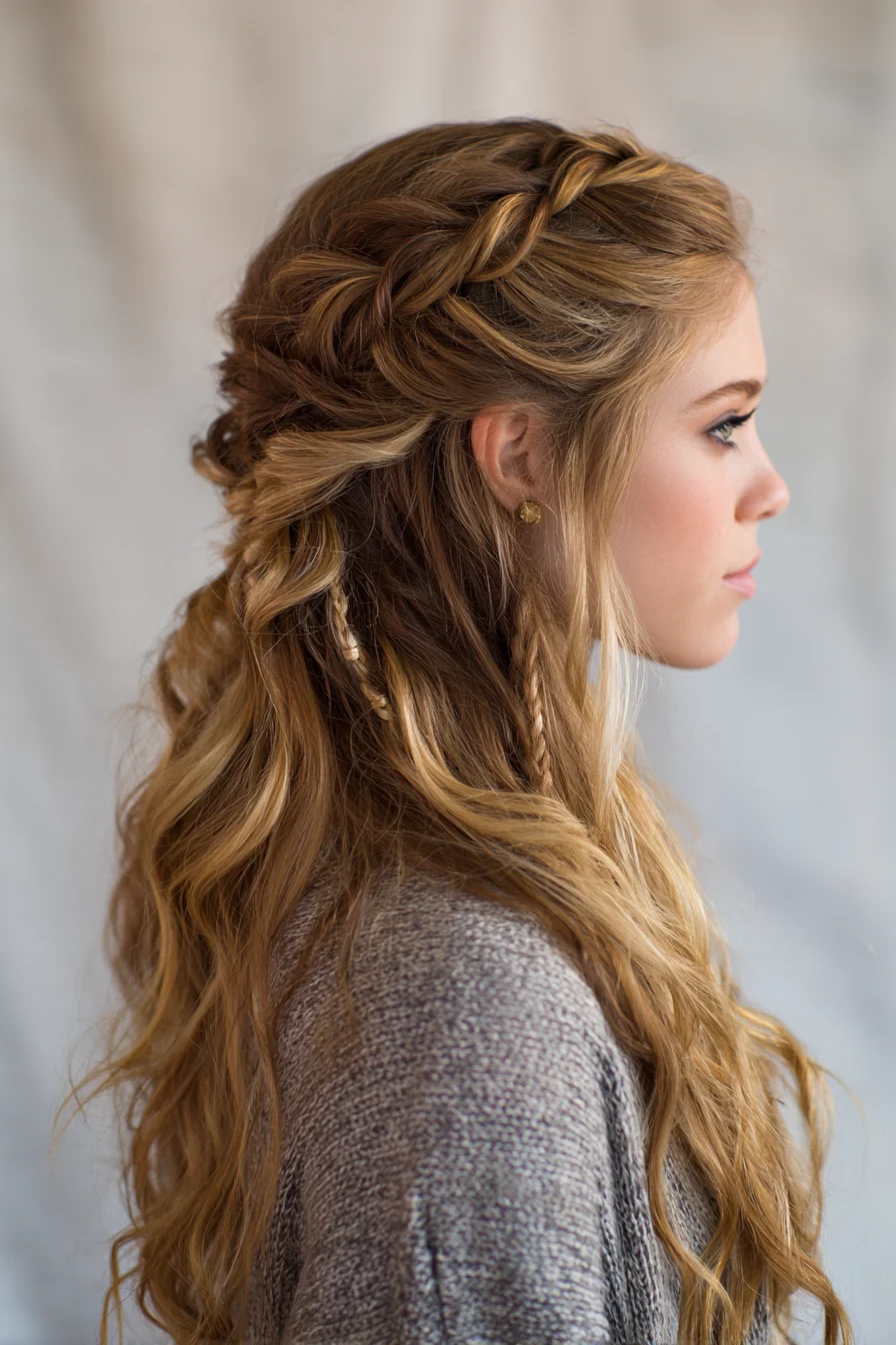 Braided Half-Up with Boho Waves and Tiny Accents
