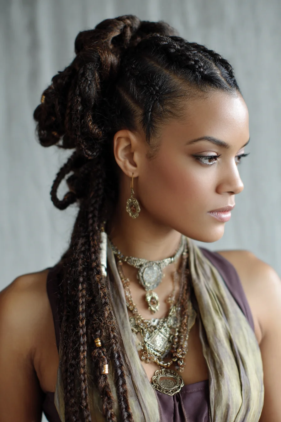 Braided Updo with Loose Box Braids and Beads for Texture