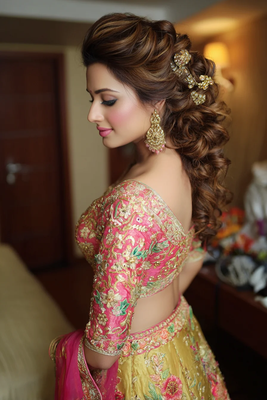 Bridal Half-Up Twisted Curls with Gilded Floral Hairpins